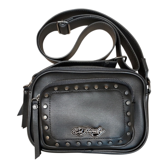 Ed Hardy NWOT Black Silver Stud Embellished Camera Crossbody Bag OS - Picture 3 of 13